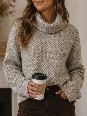 Christian Siriano New York Textured Cowl Neck Knit Sweater Medium Oatmeal Gray